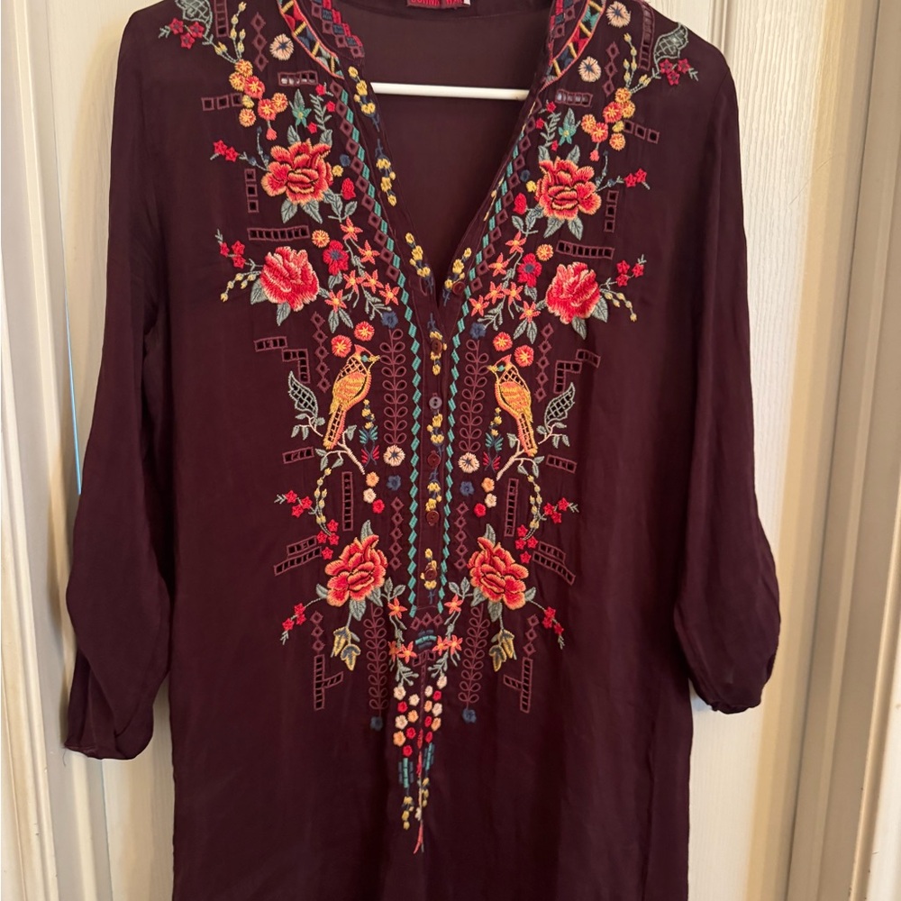 Johnny Was Burgundy Floral Embroidered Tunic